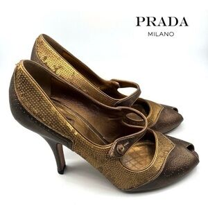 Prada Women’s Bronze Gold Sequin Leather Mary Jane Heels Size 38.5 Made in Italy